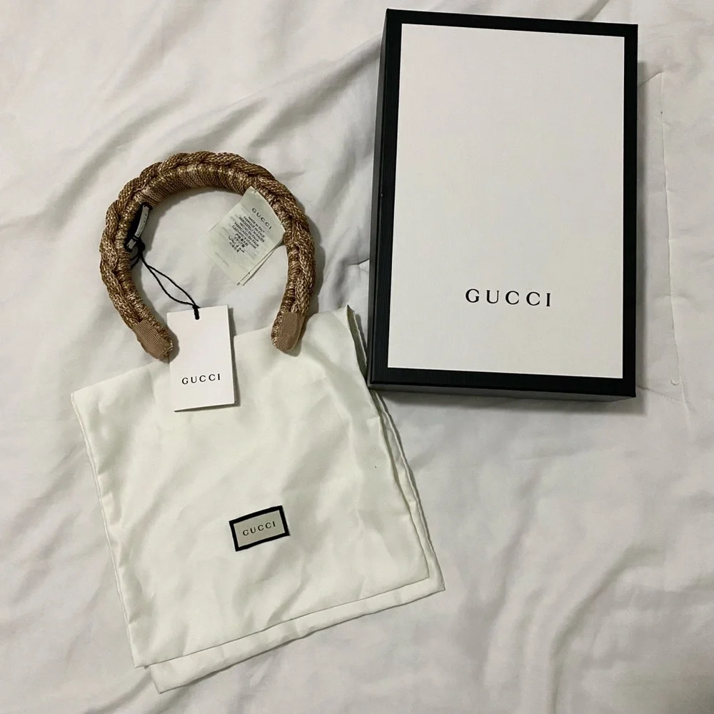 Gucci Braided Straw Rattan Headband GG Logo In Light Brown - Picture 8 of 11